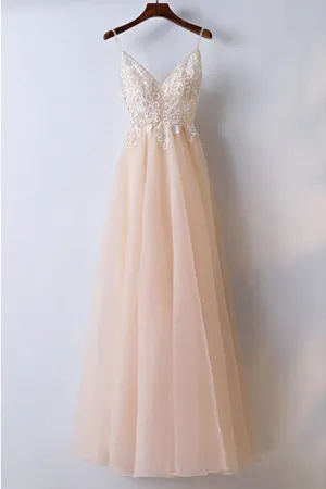 Anneprom V Neck Lace Tulle Long Prom/Evening Dress With Spaghetti Straps APP0322