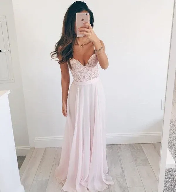 Anneprom V-Neck Long Chiffon Baby Pink Long Prom Dress Evening Dress APP0008