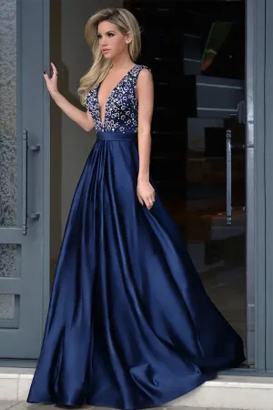 Anneprom V-Neck Royal Blue Satin Beading Prom Dresses With Sweep Train APP0197