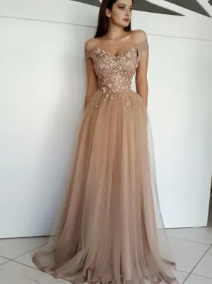 Beading Off Shoulder Champagne Prom Evening Dress