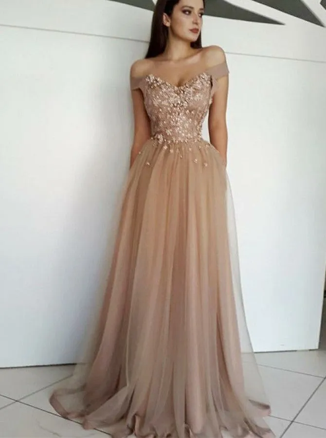 Beading Off Shoulder Champagne Prom Evening Dress