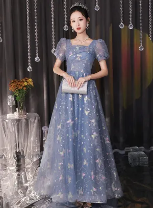 Beautiful A-line Tulle Short Sleeves Formal Dress, Lovely Tulle Long Formal Dress Prom Dress