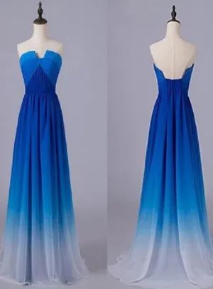 Beautiful Blue Gradient Long Chiffon Party Dress, A-line Junior Prom Dress