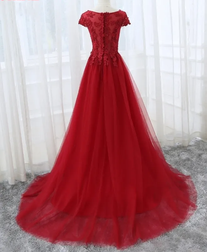 Beautiful Cap Sleeve Lace Applique Tulle Formal Gown, Prom Gowns