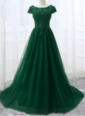 Beautiful Cap Sleeve Lace Applique Tulle Formal Gown, Prom Gowns