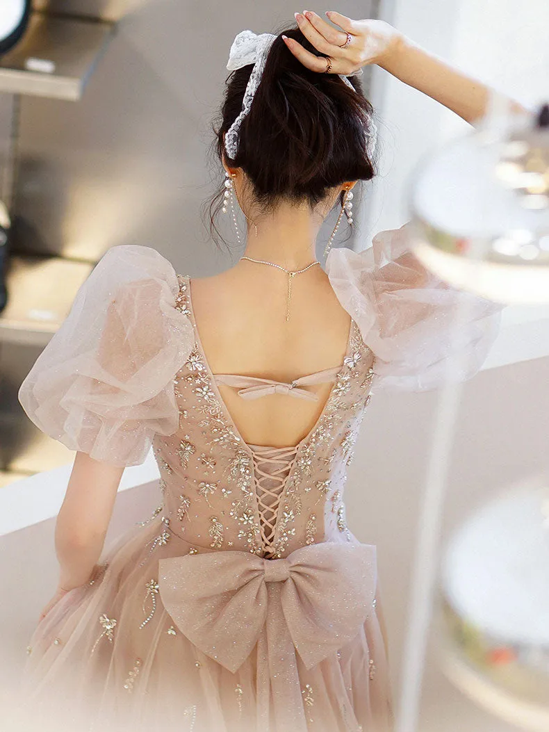 Beautiful Champagne Short Sleeves Beaded Tulle Formal Gown, Long Sweet 16 Dresses
