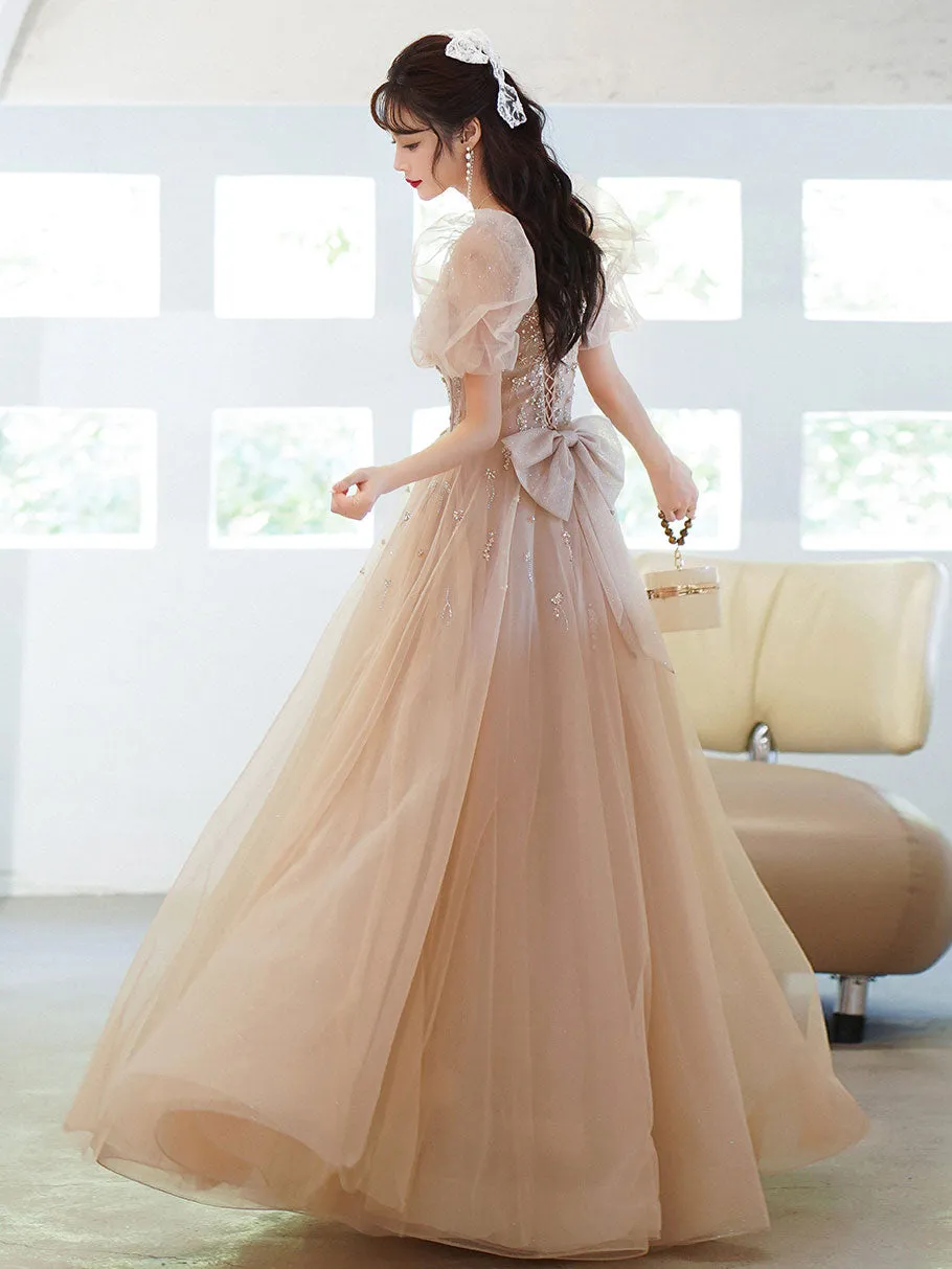 Beautiful Champagne Short Sleeves Beaded Tulle Formal Gown, Long Sweet 16 Dresses