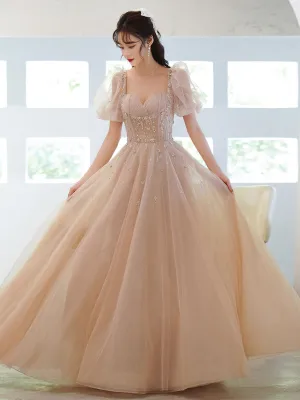 Beautiful Champagne Short Sleeves Beaded Tulle Formal Gown, Long Sweet 16 Dresses