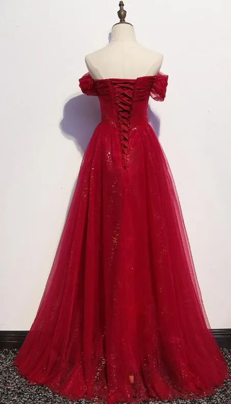 Beautiful Dark Red A-line Off Shoulder Prom Gown, Wine Red Party Dress