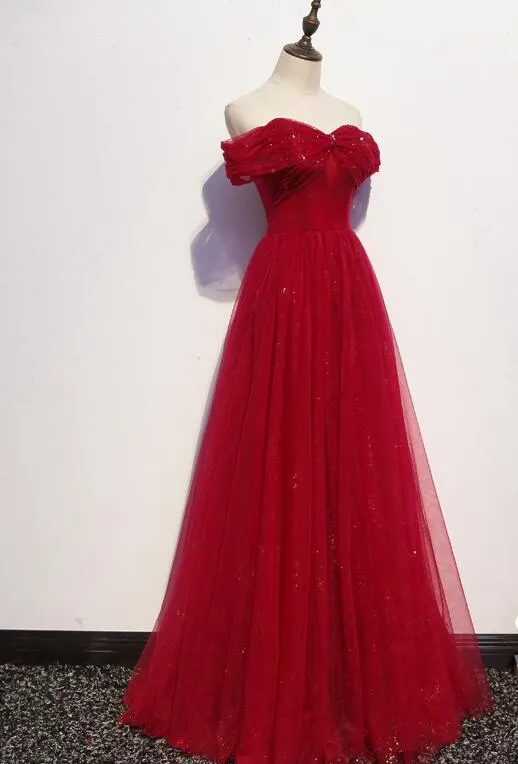 Beautiful Dark Red A-line Off Shoulder Prom Gown, Wine Red Party Dress