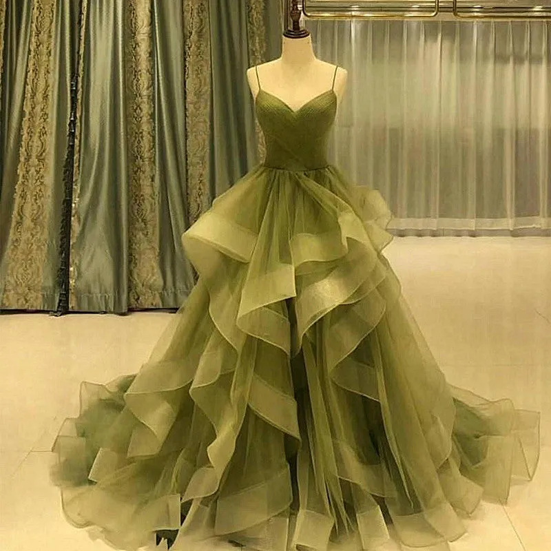 Beautiful Green Ruffles Sweep Train Long Prom Dress, Straps Evening Formal Dresses