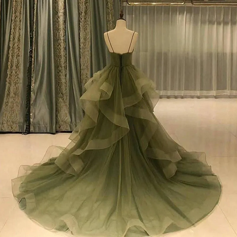 Beautiful Green Ruffles Sweep Train Long Prom Dress, Straps Evening Formal Dresses