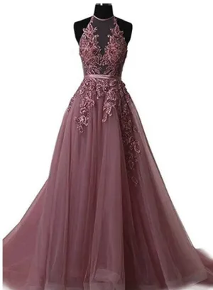 Beautiful Halter Tulle with Lace Applique Prom Gown, Charming Evening Gowns