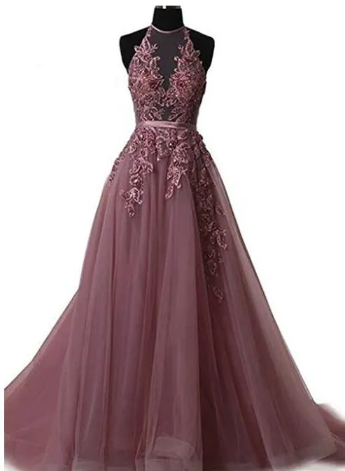 Beautiful Halter Tulle with Lace Applique Prom Gown, Charming Evening Gowns