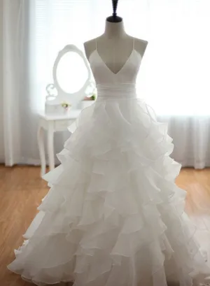 Beautiful Handmade Straps V-neckline Organza Layers Wedding Dress, Beach Wedding Gowns