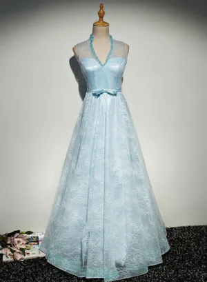Beautiful Light Blue V-neckline Prom Dresses, Lace Party Dresses , Long Formal Gowns