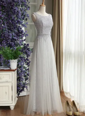 Beautiful Light Grey Lace and Tulle Long Party Dress, A-line Prom Dress