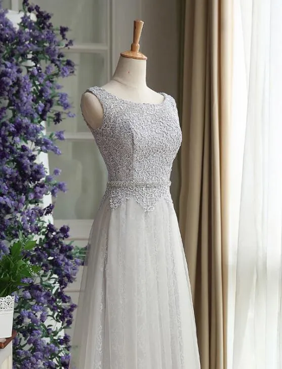 Beautiful Light Grey Lace and Tulle Long Party Dress, A-line Prom Dress