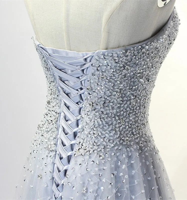 Beautiful Light Grey Tulle Beaded Tulle Formal Dress , Grey Handmade Party Gowns