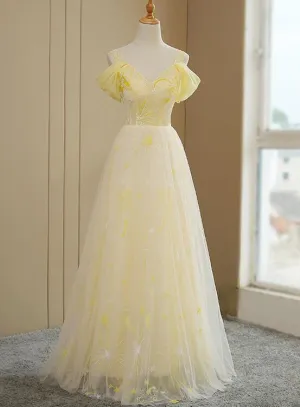 Beautiful Light Yellow Tulle Off Shoulder Evening Dress, Fashion Long Prom Dress