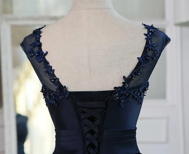 Beautiful Navy Blue Satin High Low Formal Dress, Dark Blue Homecoming Dress