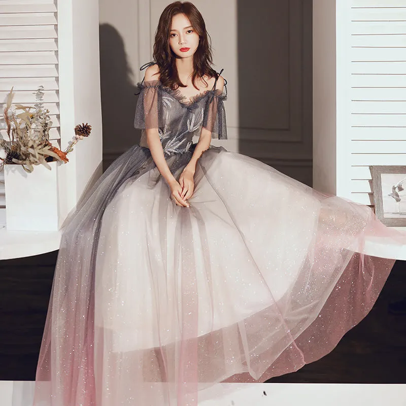 Beautiful Off Shoulder Gradient Shiny Tulle Party Dress, A-line Tulle Prom Dresses