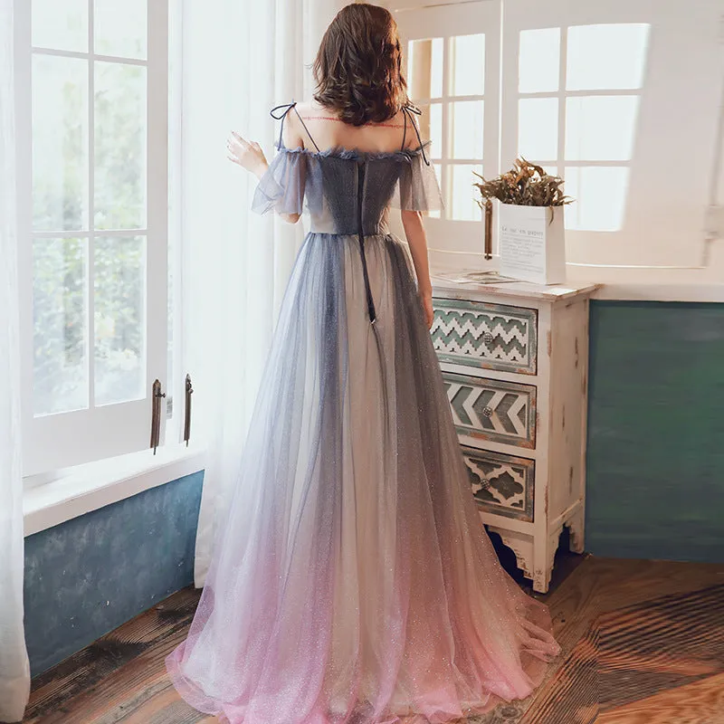 Beautiful Off Shoulder Gradient Shiny Tulle Party Dress, A-line Tulle Prom Dresses