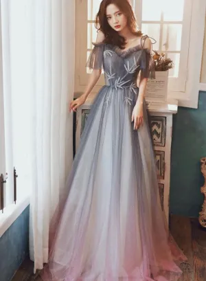 Beautiful Off Shoulder Gradient Shiny Tulle Party Dress, A-line Tulle Prom Dresses