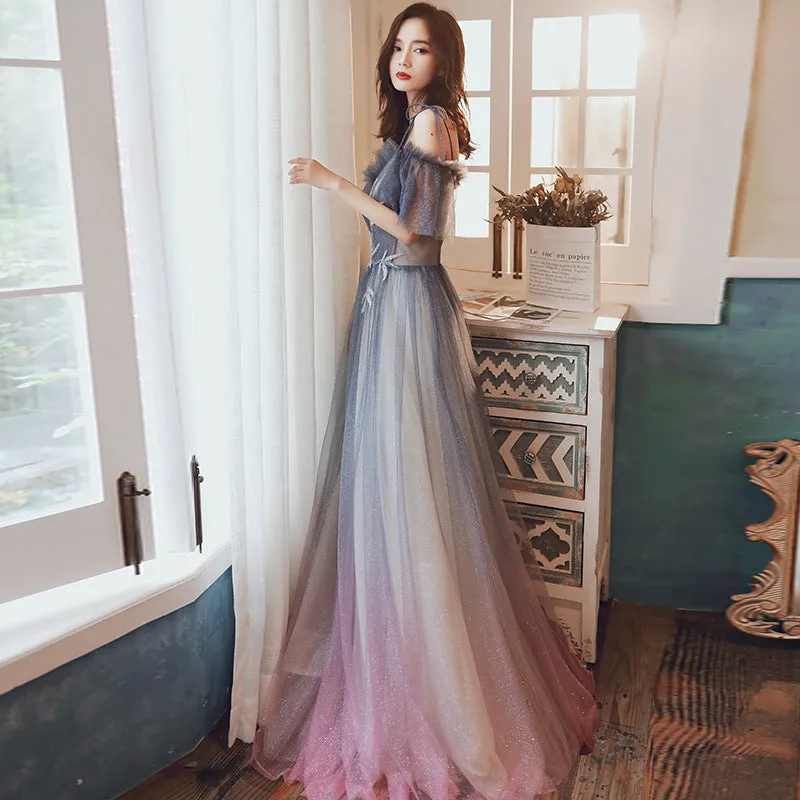 Beautiful Off Shoulder Gradient Shiny Tulle Party Dress, A-line Tulle Prom Dresses
