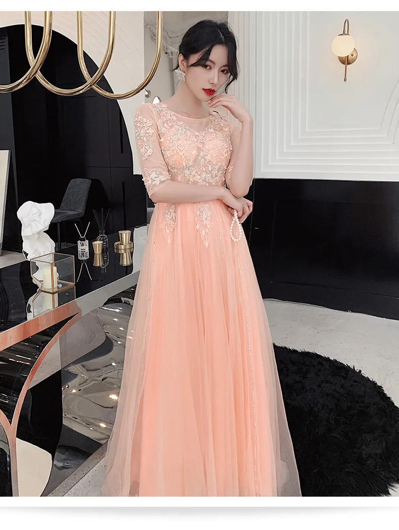 Beautiful Pink Short Sleeves Lace Long Party Dress, New Formal Gown