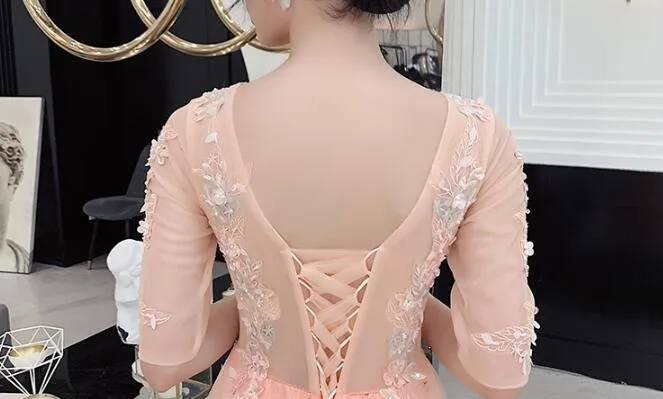 Beautiful Pink Short Sleeves Lace Long Party Dress, New Formal Gown