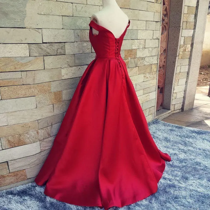 Beautiful Red Satin Off Shoulder High Quality Handmade Formal Dress, Red Evening Gowns