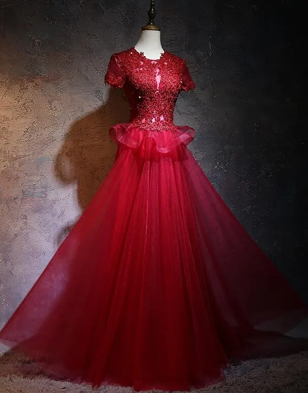 Beautiful Red Tulle Long Prom Dress, A-line Cap Sleeves Formal Dress