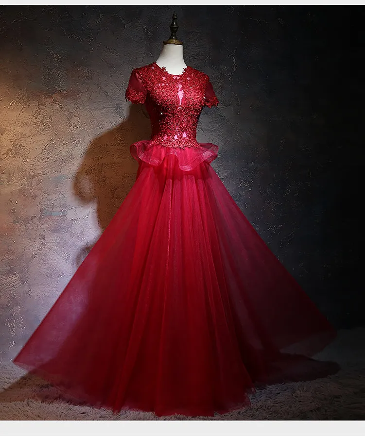 Beautiful Red Tulle Long Prom Dress, A-line Cap Sleeves Formal Dress