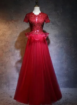 Beautiful Red Tulle Long Prom Dress, A-line Cap Sleeves Formal Dress