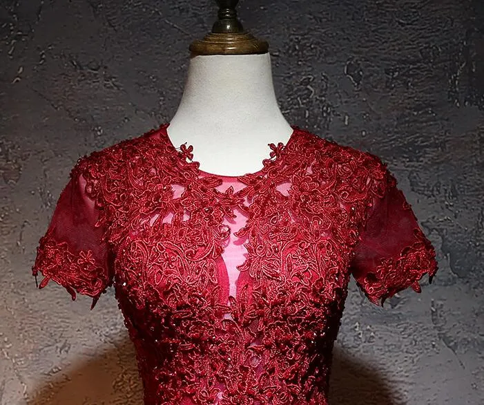 Beautiful Red Tulle Long Prom Dress, A-line Cap Sleeves Formal Dress