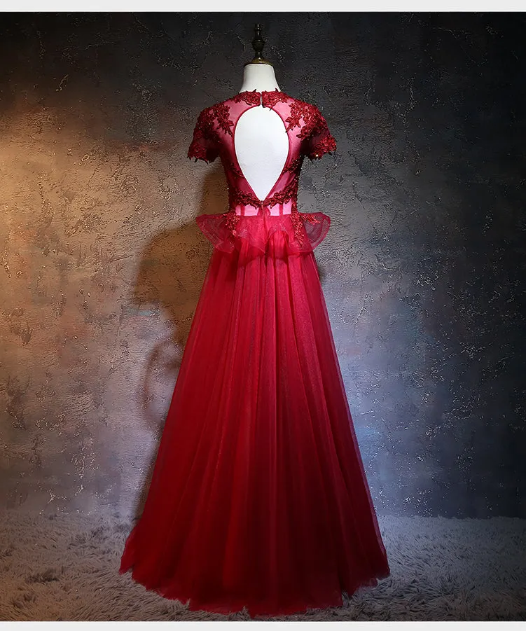 Beautiful Red Tulle Long Prom Dress, A-line Cap Sleeves Formal Dress