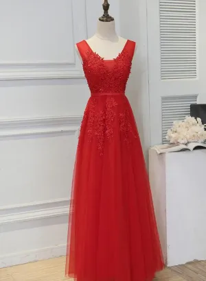 Beautiful Red Tulle V-neckline Long Party Dress , Red Tulle Party Dress, Handmade Formal Gowns