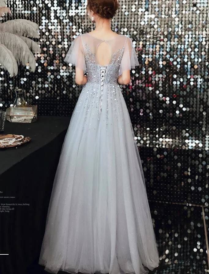 Beautiful Sliver Grey Tulle Beaded Cap Sleeves Formal Dress, A-line Long Prom Dress