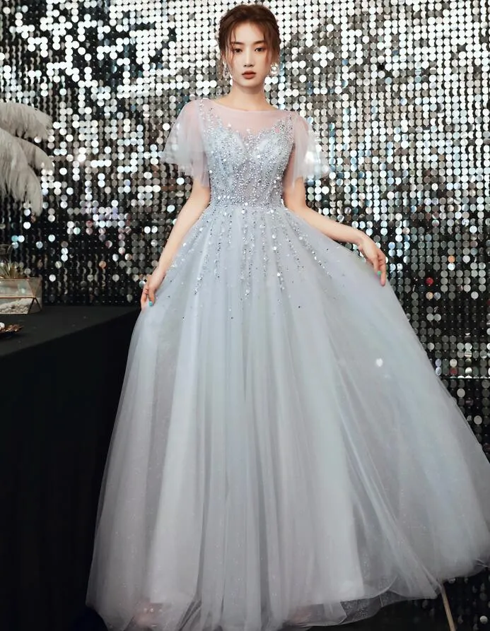 Beautiful Sliver Grey Tulle Beaded Cap Sleeves Formal Dress, A-line Long Prom Dress
