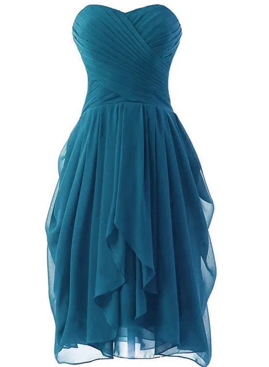 Beautiful Teal Color Short Bridesmaid Dress, Chiffon Sweetheart Short Party Dress