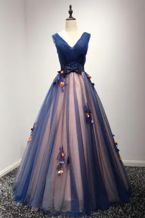 Beautiful V-neck Floor-length A Line Long Prom Dresses With Flowers OK583