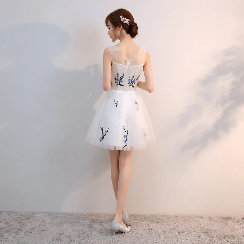 Beautiful White Short Tulle with Blue Embroidery Graduation Dress, New Formal Dress