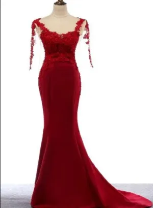 Beautiful Wine Red Mermaid Long Party Dress, Dark Red Lace Formal Dress