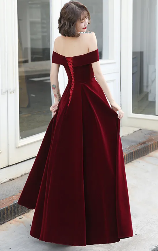 Beautiful Wine Red Off Shoulder Long Velvet Party Dress, Prom Dress