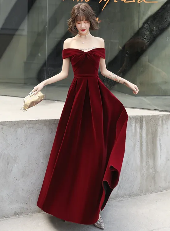 Beautiful Wine Red Off Shoulder Long Velvet Party Dress, Prom Dress