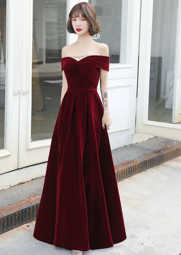 Beautiful Wine Red Off Shoulder Long Velvet Party Dress, Prom Dress