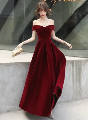 Beautiful Wine Red Off Shoulder Long Velvet Party Dress, Prom Dress