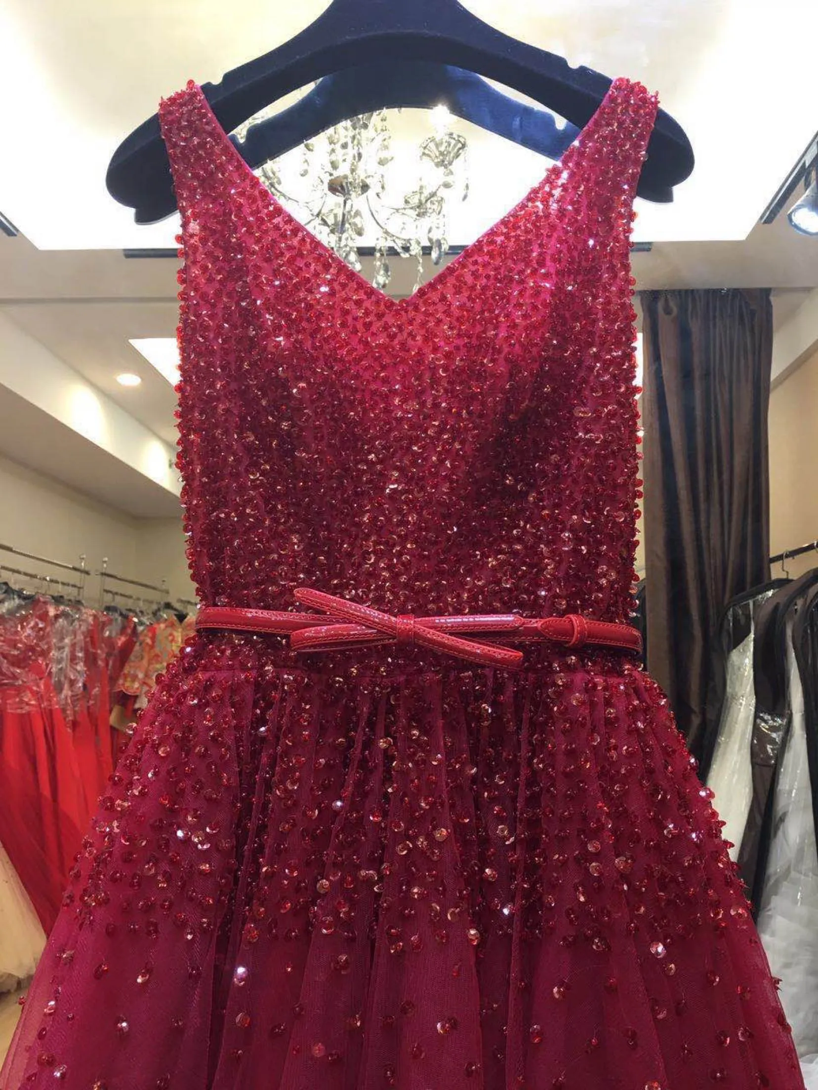 Beautiful Wine Red Tulle Beaded V-neckline Formal Dress, Tulle Party Gowns