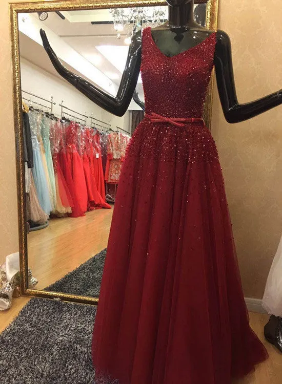 Beautiful Wine Red Tulle Beaded V-neckline Formal Dress, Tulle Party Gowns